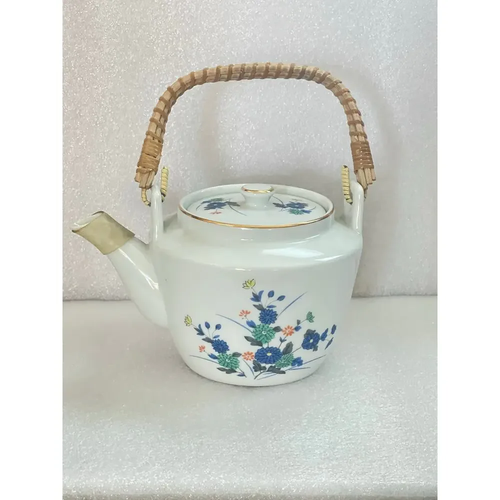 Vintage Japan Teapot with Bamboo Handle and 5 Tea Cups Blue Flowers